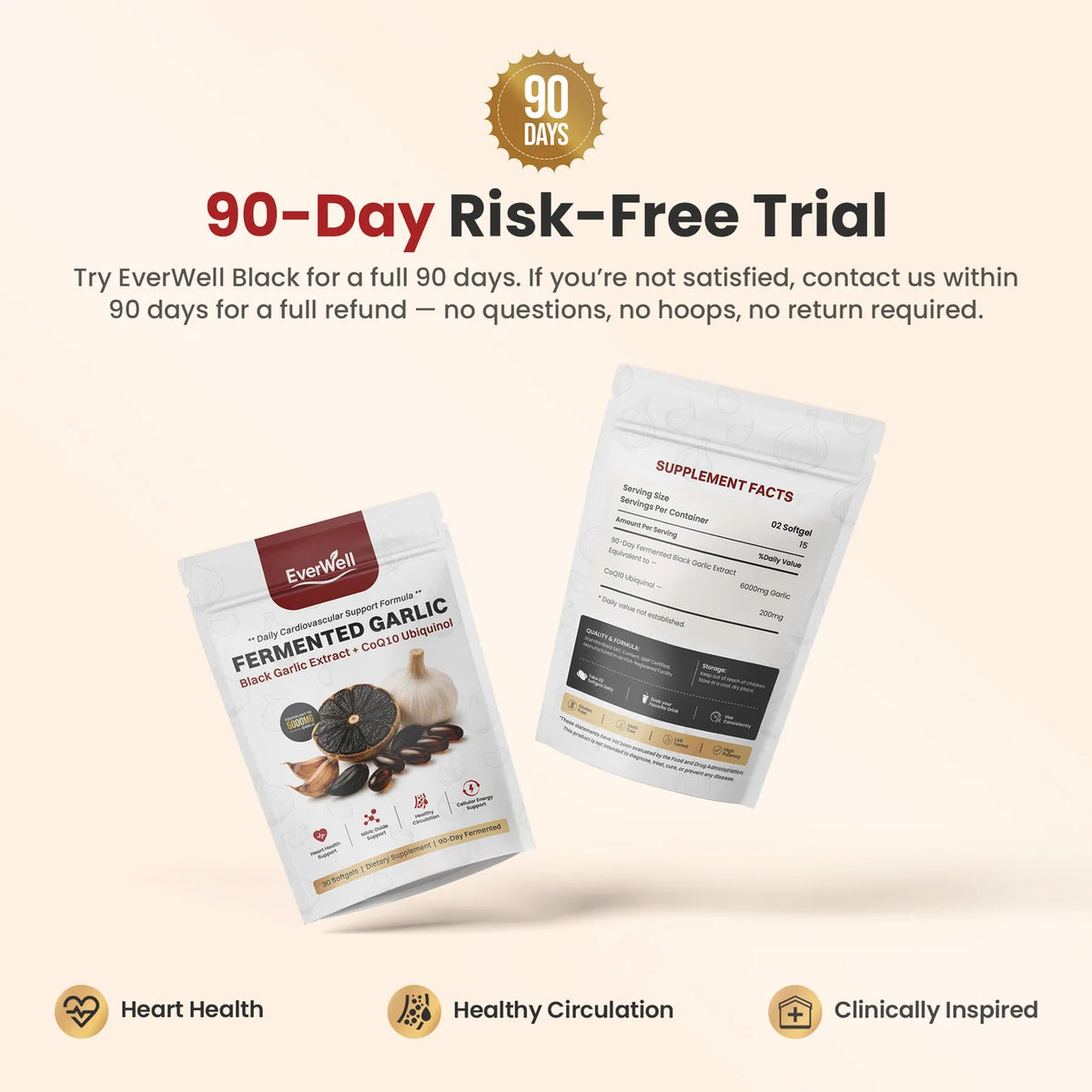 EverWell Fermented Black Garlic Extract + CoQ10 Ubiquinol - 6000mg Odorless Softgels