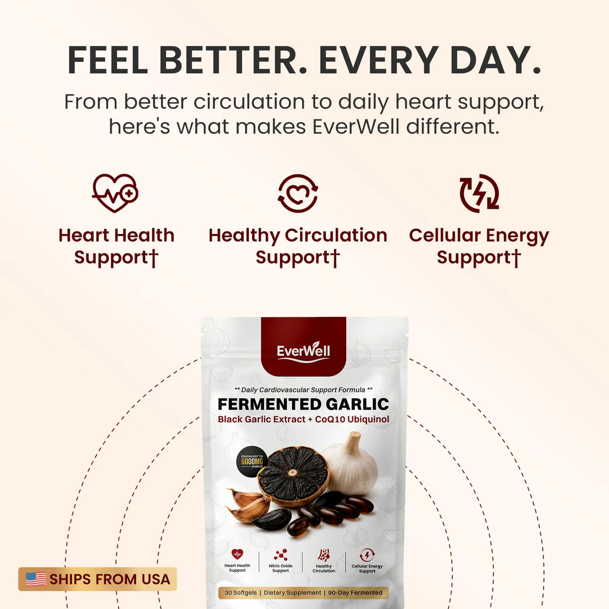 EverWell Fermented Black Garlic Extract + CoQ10 Ubiquinol - 6000mg Odorless Softgels
