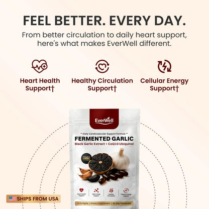 EverWell Fermented Black Garlic Extract + CoQ10 Ubiquinol - 6000mg Odorless Softgels