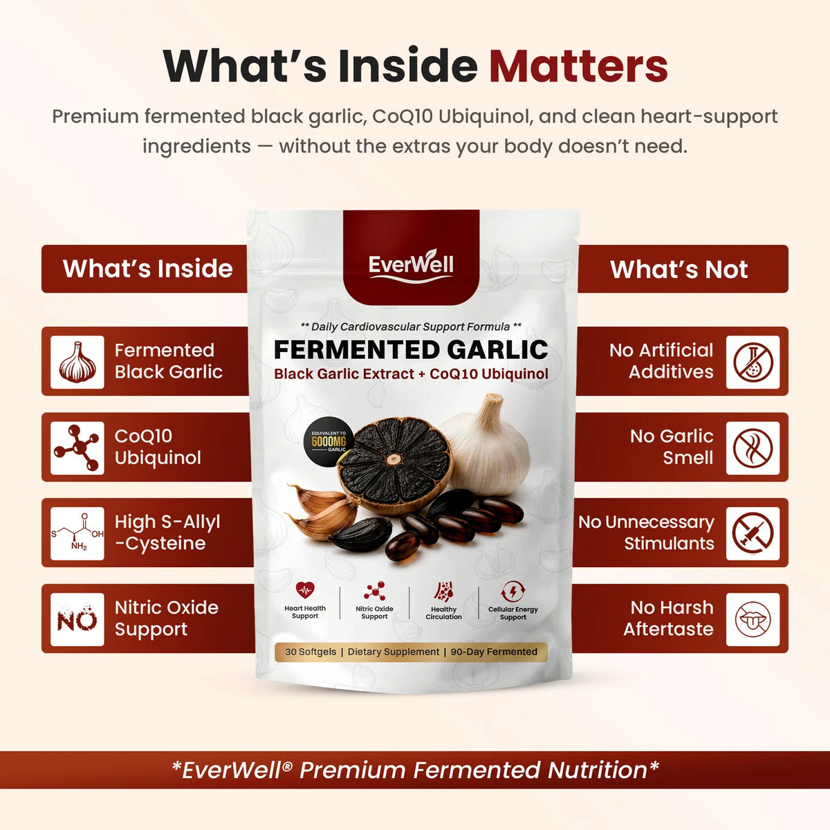 EverWell Fermented Black Garlic Extract + CoQ10 Ubiquinol - 6000mg Odorless Softgels