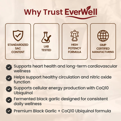 EverWell Fermented Black Garlic Extract + CoQ10 Ubiquinol - 6000mg Odorless Softgels